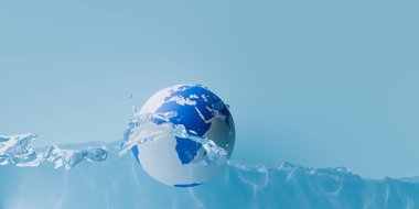 Dünya Su Günü konsepti. Suyun üzerinde yüzen yeryüzü konsepti. 3d oluşturma