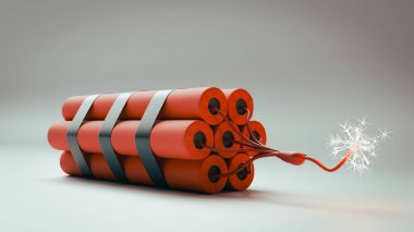 Kırmızı dinamitin fitili yanıyor ve yanıyor. 3d oluşturma