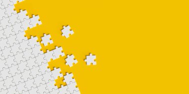 Sarı zemin üzerinde beyaz yapboz olan telif uzayı arka planı. 3d oluşturma