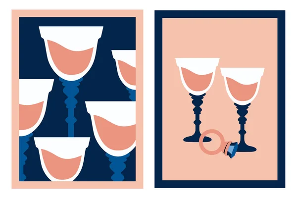 Sammlung Moderner Plakate Stilvolle Trendige Karten Mit Glas Wein Cocktail — Stockvektor