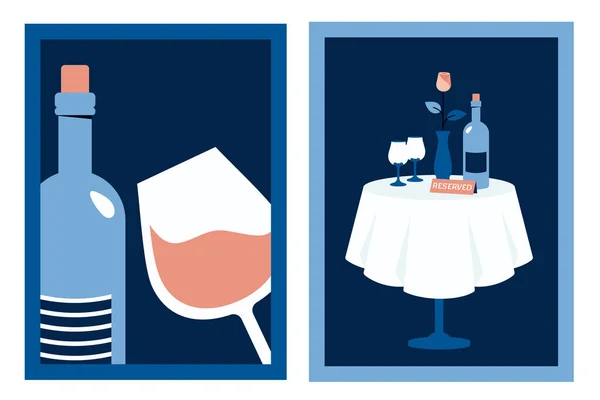 Set Vertikal Minimalistischer Poster Mit Restauranttisch Wein Glas Blume Moderne — Stockvektor