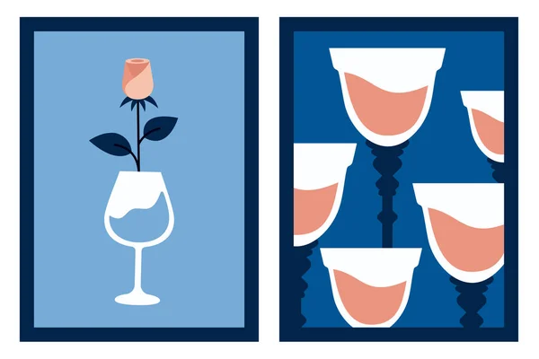 Trendige Karten Mit Einem Glas Wein Cocktail Rose Sammlung Moderner — Stockvektor