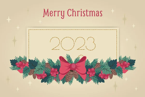 Neujahrsbanner Weihnachtsgrußkarte Mit Weihnachtskranz Goldenem Text Horizontalem Rahmen Vintage Winter — Stockvektor