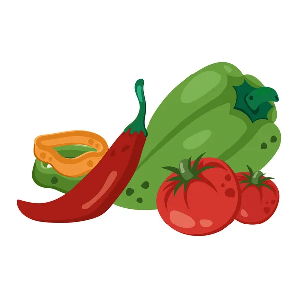 Komposisi Seluruh Merah Hijau Paprika Kuning Cabai Dan Tomat Sayuran - Stok Vektor
