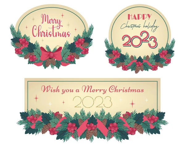 Sammlung Von Weihnachtskarten Mit Tannenkranz Schleife Schleife Tannenzapfen Tannenzapfen Tannenzapfen — Stockvektor