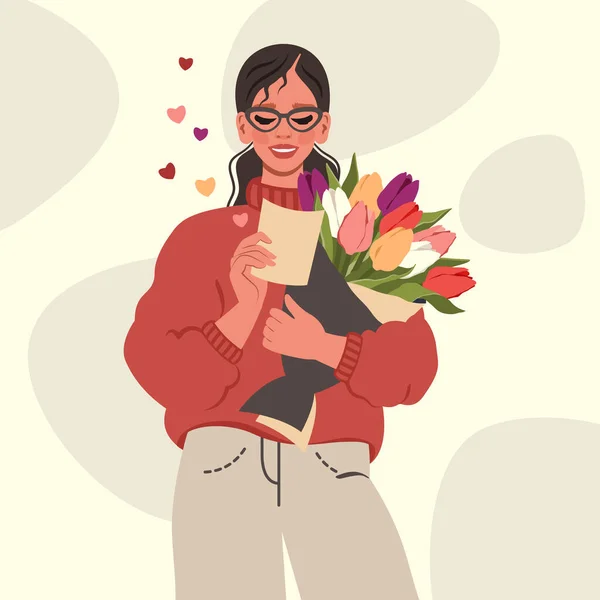 幸せな女の子は花の小包を受け取り 願いを読みます チューリップの花束を持っている若い女性 花の配達だ 誕生日 ロマンチックなコンセプト プレゼント カード バレンタインデーのためのベクトルフラットイラスト — ストックベクタ