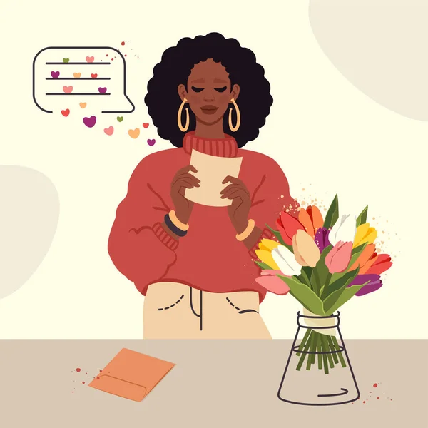 アフリカの少女は ロマンチックなメッセージを読み取り 花の配信を受けた 若い黒人女性は願い事の手紙を持っている 花瓶にチューリップの花束 誕生日 コンセプト バレンタインデー ベクトル平図 — ストックベクタ