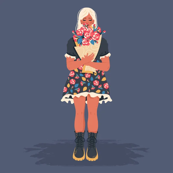 Женщина Полном Росте Цветочном Платье Девушка Букетом Цветущих Роз Любовь — стоковый вектор