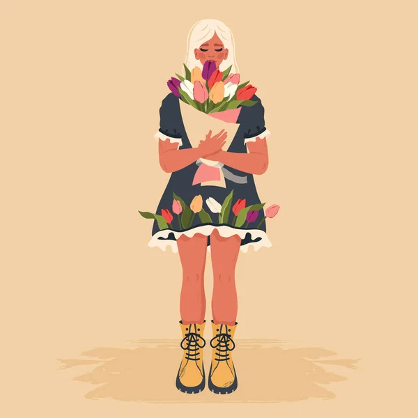 Женщина Полном Росте Цветочном Платье Девушка Букетом Цветущих Тюльпанов Любовь — стоковый вектор