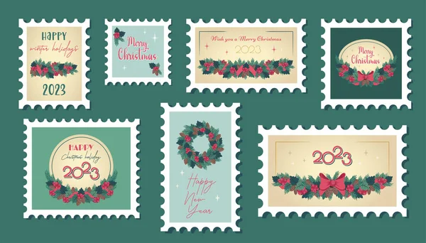 Set Vintage Christmas Postage Stamps Variety Winter Holiday Postmarks Beautiful — Stock Vector