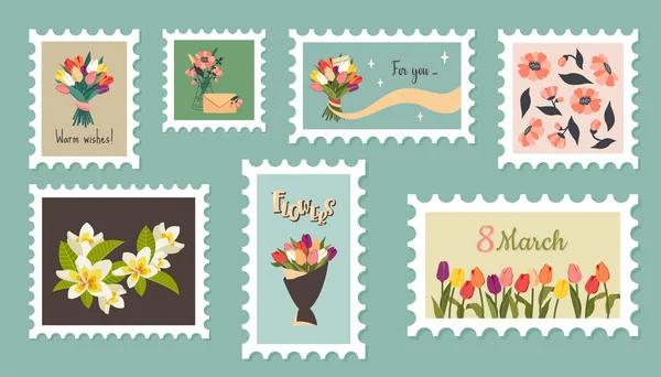 Set Floral Postage Stamps Beautiful Paper Mail Stickers Tulips Peonies — Stock Vector