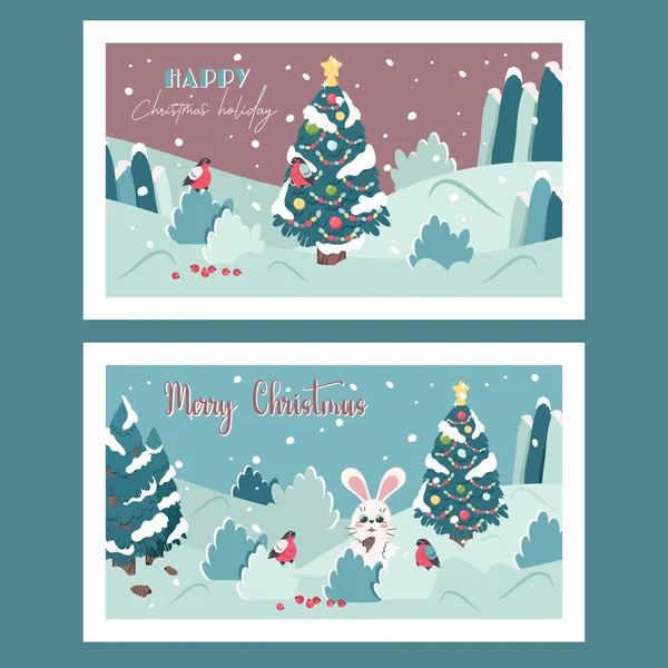 Frohe Weihnachten Grußkarte Set Von Niedlichen Cartoon Winterurlaub Vorlage Kleines — Stockvektor