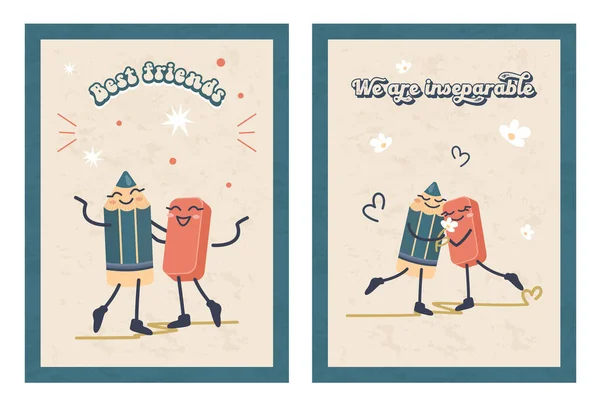 Kreslený Šťastný Tužka Gumy Nerozluční Přátelé Romantický Pár Usmívající Postavy — Stockový vektor