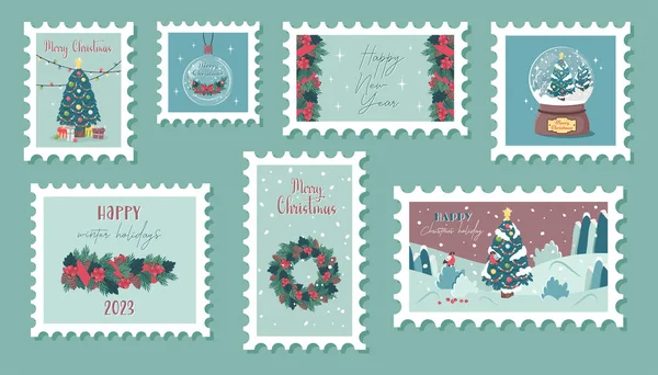 Set Christmas Postage Stamps Variety Winter Holiday Postmarks Cute Paper — Stock Vector