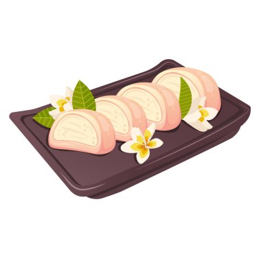 Çin porselen tabağında kiraz çiçekleri olan yarım mochi keki. Japon yemeği. Restoran yemekleri, menü, poster, broşür, afiş, tatlı, yemek pişirme konsepti için vektör dairesi çizimi 