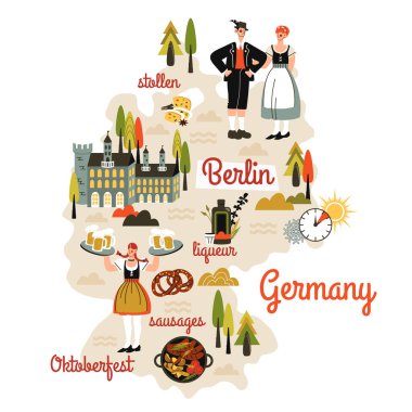 Germany map hand drawn in cartoon style. People in national dress, tourist attractions, cultural landmarks, architecture, inventions, traditional food. Comic infographic, doodle cliparts. Vector flat illustration 