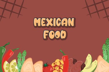 Colorful Mexican background. Food banner with Mexican cuisine ingredients, vegetable, text. Vector flat drawn illustration for restaurant menu, poster, flyer, banner, delivery, cooking concept 