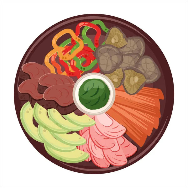 Chinese food. Tradition asian dish closeup with meat, pepper, shiitake mushrooms. Vector flat illustration for restaurant dishes, menu, delivery, cooking concept 