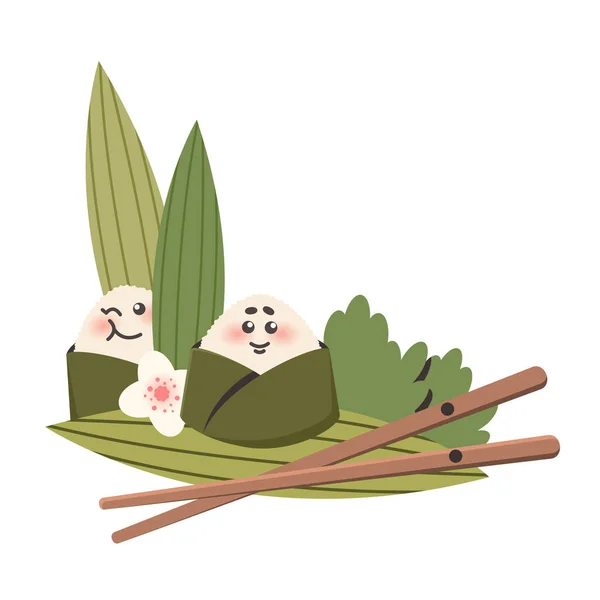 Cartoon Cute Onigiri Chopsticks Nature Asian Food Rice Ball Traditional — Stock Vector