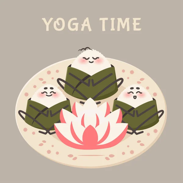 Cute Onigiri Lotus Pose Meditating Plate Asian Food Rice Ball — Stock Vector