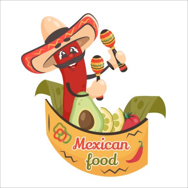 Cute comic character red chilli pepper with vegetables and maracas. Mexican food. Doodle drawn vector illustration for dishes, menu, poster, flyer, banner, delivery, cooking concept 