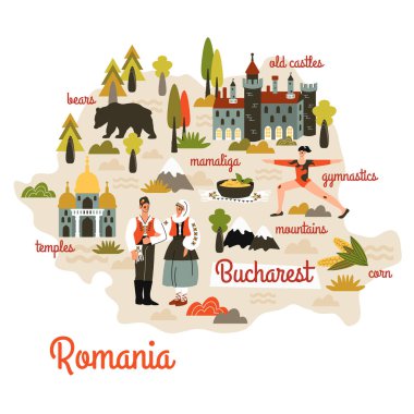 Romania map hand drawn in cartoon style. People in national dress, animal, tourist attractions, cultural landmarks, architecture, food. Comic infographic, doodle cliparts. Vector flat illustration