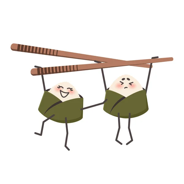 Onigiri Traditional Japanese Food Funny Cute Characters Hanging Sushi Chopsticks — 图库矢量图片
