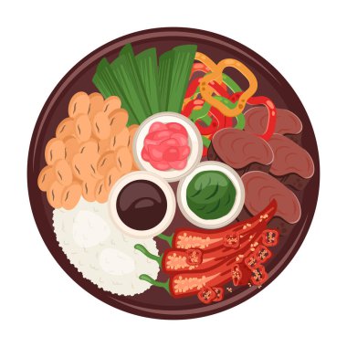 Chinese, Korean, Japanese food. Traditional oriental dish closeup with  rice, meat, chilli pepper, soya beans, figs, sauce, vassabi. Vector draw flat illustration for menu, delivery, cooking concept 