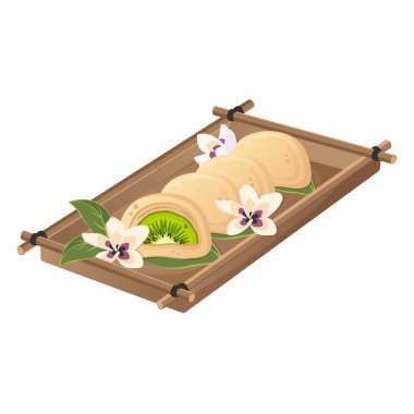 Yellow Mochi with kiwi fruit, sakura blossoms on wooden tray. Half and whole Japanese cakes made from rice flour. Vector flat drawn illustration for restaurant dishes, menu, sweet, cooking concept