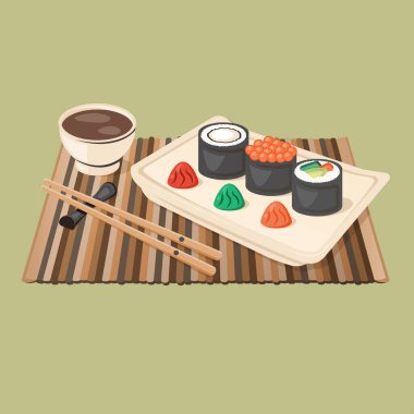 Composition of Japanese nigiri sushi rolls, with vassabi, sauce. Traditional Asian food closeup with chopsticks, wooden napkin. Vector flat illustration for menu, poster, flyer, banner, cooking concept