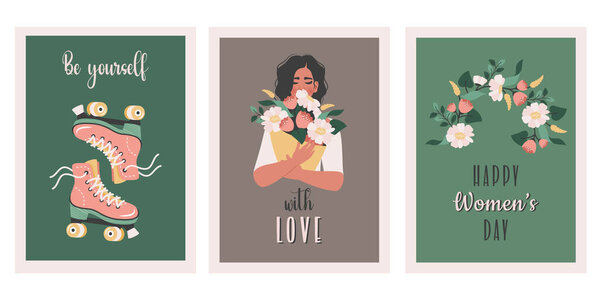Set of Women's day poster. Young happy girl holding bouquet of flowers. Retro roller skates. Vector hand drawn flat illustration for print, March 8, birthday, Mother's day, holidays, greeting card