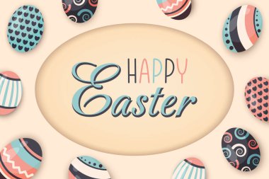 Happy easter greeting card. Festive dyed eggs decorated different abstract pattern. Holiday seasonal religious symbol with hand draw colorfull ornaments pattern. Vector flat illustration