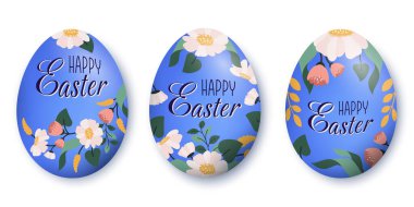 Happy easter. Set of blue floral Easter eggs isolated. Holiday seasonal religious symbol with flower ornament for spring holiday. Festive dyed egg decorated flower pattern. Vector flat illustration