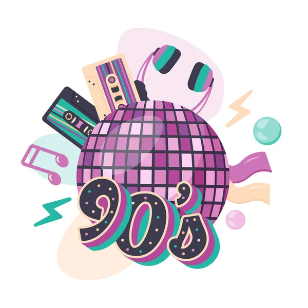 Mozaik Pembe Ayna disko topu, kulaklıklar, notalar, müzik çalar için kasetler, Ciklet. Tırman. 90 'ların modası geçmiş müzik şablonu, 80' lerin nostalji müzik partisi, reklam afişi, afiş. Vektör illüstrasyonu