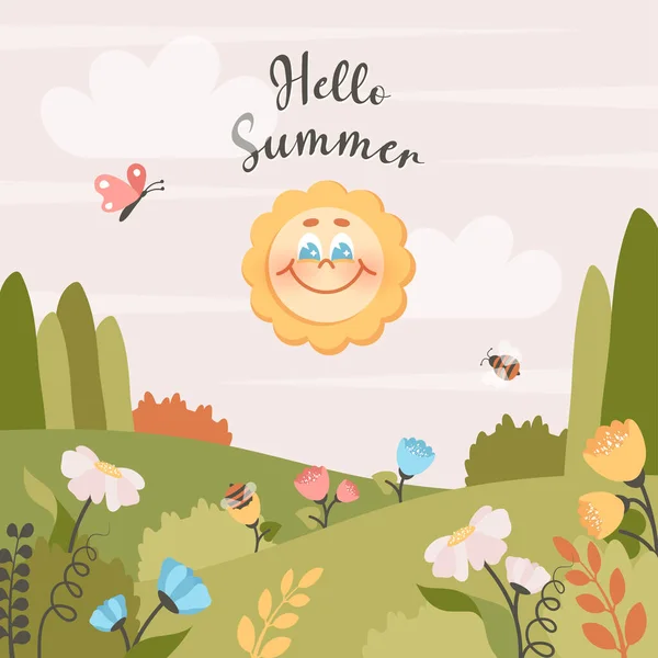 可愛い笑顔の太陽と花の背景 漫画のキャラクターは夏に来てうれしい 牧草地 自然景観テンプレート バナー ポスター グリーティングカード用の花のデザイン ベクトル — ストックベクタ