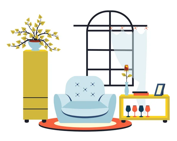 居心地の良い家のインテリア 現代のリビングルーム 家具だ アームチェア 家の植物 コーヒーテーブル 家の植物 トレンディな屋内テンプレート ベクトルフラット漫画イラスト — ストックベクタ