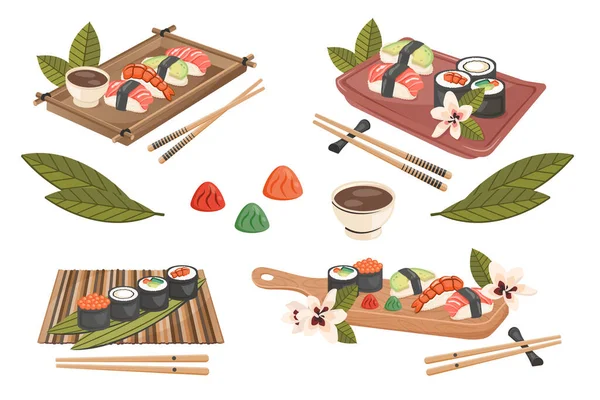 Ensemble Nourriture Traditionnelle Asiatique Sushi Maki Nigiri Japonais Poisson Crevettes — Image vectorielle