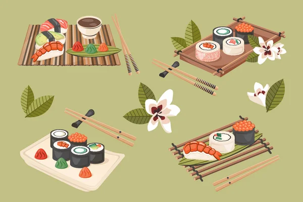 Conjunto Comida Tradicional Asiática Aislada Sushi Maki Nigiri Japonés Con — Vector de stock