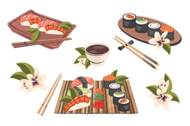 Japon ulusal gıda seti izole edildi. Japon nigiri sushi maki ve balık, karides, deniz mahsulü. Yemek çubukları ve ahşap tepsiyle yakın plan doğu yemeği koleksiyonu. Yemek pişirme konsepti. Vektör illüstrasyonu