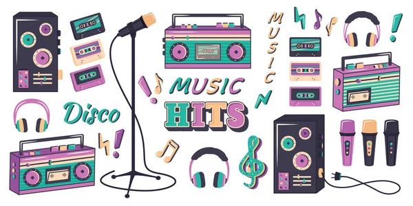 Set Musical Elements Retro Style 90S 80S 70S Hand Drawn — Stock Vector
