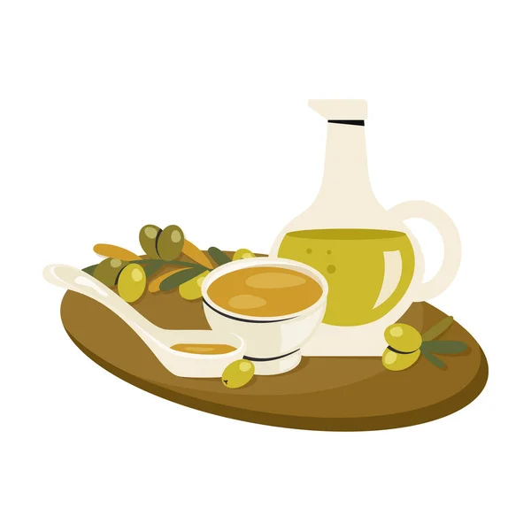 黄色の脂肪 オリーブの木の枝とオリーブオイルボトル スプーンとボウルの構成 板に植物油のガラスオープンピッチャー キッチンウェア 料理のコンセプト ベクトル平図 — ストックベクタ