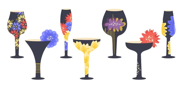 Conjunto Óculos Criativos Modernos Isolados Vinhos Coquetel Com Decoração Flores — Vetor de Stock