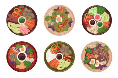 Asya ulusal çanak anten seti. Japon yemekleri izole edilmiş. Çin yemeği, et, şitake mantarı, sebze. Menü, teslimat, kafe ve restoran için vektör düz çizim. Yemek pişirme konsepti