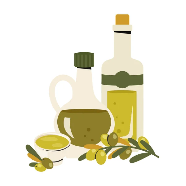 一套玻璃杯橄榄油瓶 小菜一碟 瓶塞上了额外的初榨橄榄油 橄榄树枝条 烹调的概念 健康有机食品 矢量平面插图 — 图库矢量图片