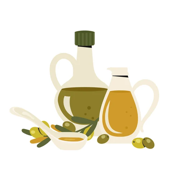 ガラス投手とオリーブオイルのコルクボトルのセット 黄色の脂肪とスプーン オリーブの木の枝 植物油のガラス瓶 キッチンウェア 料理のコンセプト 健康食品 ベクトル平図 — ストックベクタ