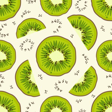 Taze taze taze meyvelerin modası. Tam kivi meyvesi ve sulu hamurlu kivi dilimleri ve tohumlar. Parlak egzotik bir geçmişi var. Duvar kağıtları, tekstil, ağ, yazdırma, dosya, ambalaj kağıdı için vektör illüstrasyonu