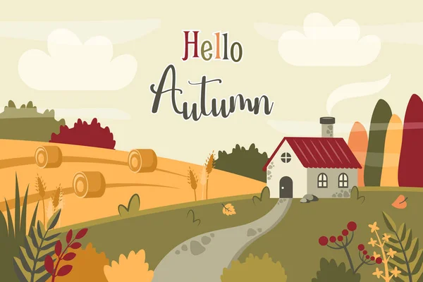 Осенний Пейзаж Осень Красивый Фон Полем Домом Пшеницей Стогами Сена — стоковый вектор
