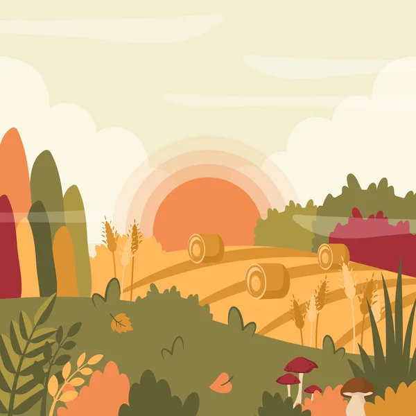 Herbstlandschaft Herbst Schöner Hintergrund Mit Feld Weizen Und Heuhaufen Sonnenuntergang — Stockvektor