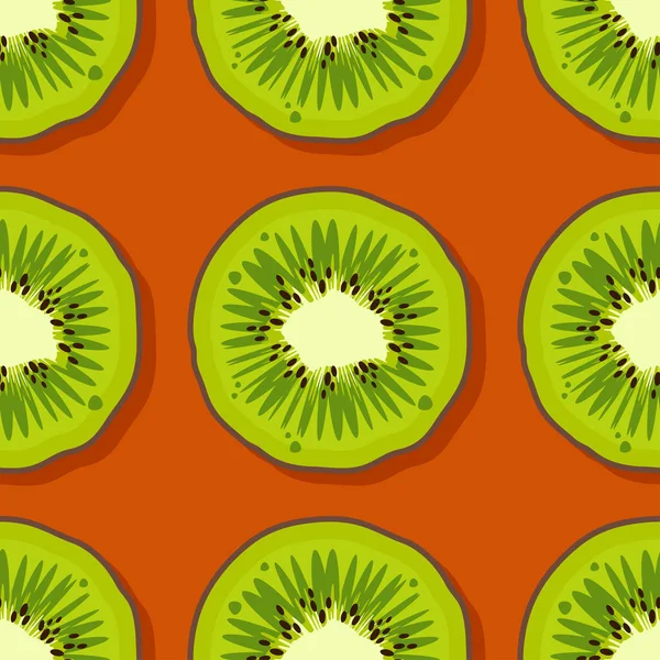 キウイフルーツのパターン オレンジの背景にトレンディな明るいデザインのエキゾチックな果物 新鮮なジューシーな緑のハワイの果物が閉じます ウェブ アプリ 包装紙のためのベクトルイラスト — ストックベクタ
