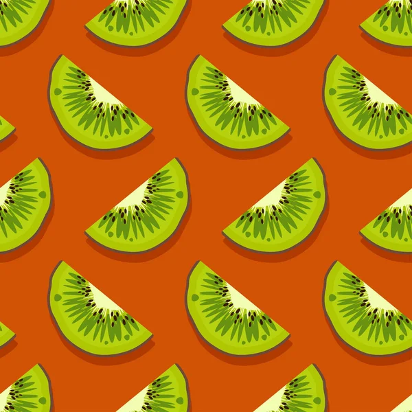 キウイフルーツシームレスパターン 焼きたてのジューシーな緑の果物 オレンジの背景にトレンディな明るいデザインのエキゾチックな果物 ウェブ アプリ ケース 包装紙のためのベクトルイラスト — ストックベクタ